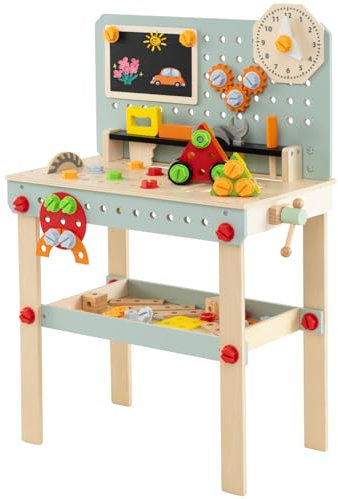 GYMAX Wooden Kids Workbench, Children Tool Bench with Blackboard & Toy Tools Set, Pretend Play Work Bench for 3 Years Old+, 54 x 30 x 83cm