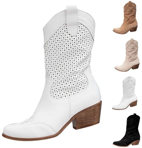 Gyaimxfu Bottines de cowboy pour femme - En daim - Bottes basses à enfiler - Bottes courtes de transition - Talon bloc - Bottines mi-hautes pour femme