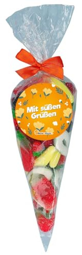 World of Sweets Mit süßen Grüßen Spitztüte 400g – bunte Fruchtgummi-Schaumzucker-Mischung – Geschenkidee, Mitbringsel & kleine Aufmerksamkeit für jeden Anlass
