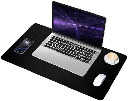 BLESWIN Distressed Desk Pad, Suede & Leather Desk Pad, Non-Slip Computer Mat, Mouse and Keyboard Mat, Waterproof Desk Desktop Mat for Writing, Desk Pads & Blotters for Office Home (Black, 60x34CM)