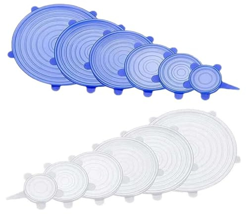 12PCS Reusable Silicone Stretch Lids, Eco-Friendly Food Covers Replace Plastic Wrap, Airtight Seals for Bowls, Dishes & Fruits, Microwave, Dishwasher Safe (White,Blue)