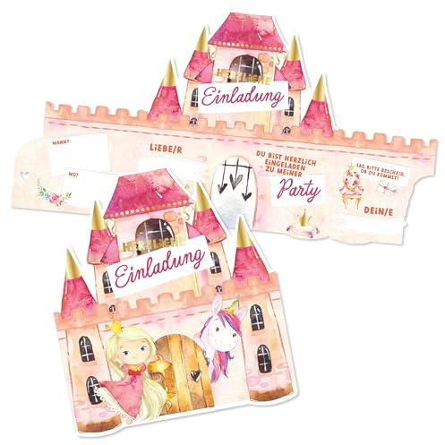 Papierdrachen 12 Einladungskarten Kindergeburtstag - Prinzessin - Schlossform - 350g-Karton - Aquarell-Stil - Goldfolie - Mädchen - Junge