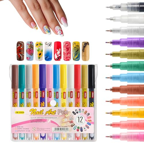 12 Colours Nail Art Pens, Nail Polish Pens for 3D Nail Art, Nail Art Makers for DIY Drawing Dotting Painting, Manicure Tools