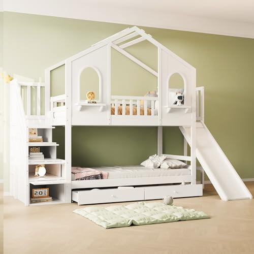 Huayz Hochbett Hausbett 90x200 mit Rutsche und Stauraumtreppe, Hausförmig Etagenbett mit Geschwungenen Fenstern, Stauraumbett mit 2 Schubladen, Kinderbett für 2 Kinder,Ohne Matratze (Weiß)