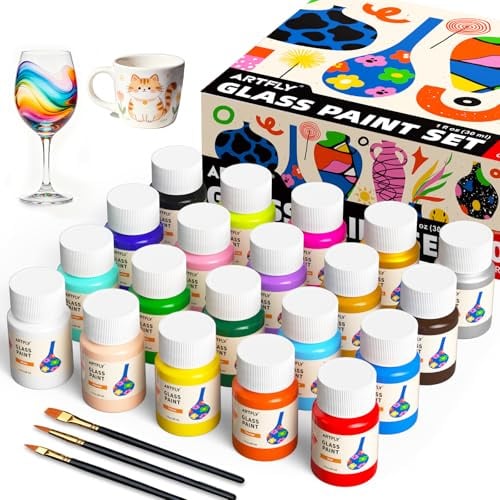 ARTFLY Kit de pintura para vidrieras, 20 colores x 30 ml con 3 pinceles, acrílico permanente e impermeable para cerámica y vidrio. Ideal para principiantes y artistas. Pintura sobre copas de vino