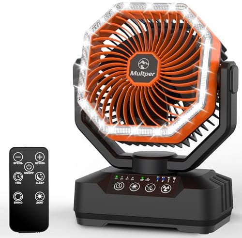 Multper 20000 mAh Ventilatore da Campeggio, Fino a 70h Autonomia Ventilatore Portatile USB Ricaricabile con Telecomando e LED, 4 Velocità Ventilatore da Tavolo con Timer e Oscillazione per Tende, Casa