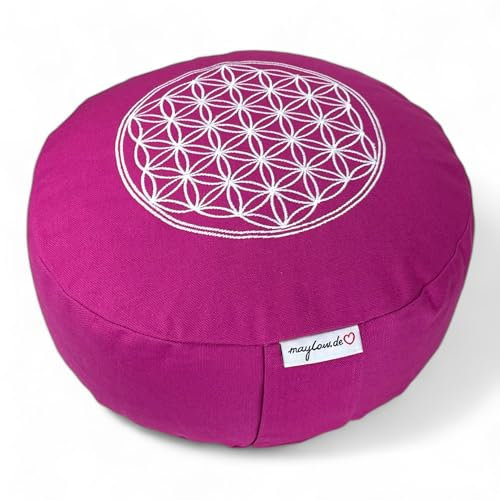 maylow Yoga mit Herz Hochwertiges Meditationskissen Stickerei Blume des Lebens waschbar Ø 33 cm H: 15 cm separates Innenkissen magenta/weiß
