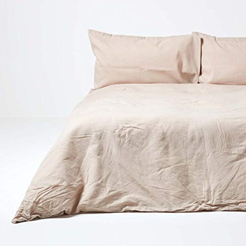HOMESCAPES Parure de lit en Lin lavé avec Housse de Couette 200x200 cm et 2 taies d'oreiller 50x75 cm, Coloris Beige