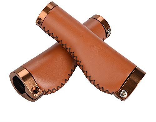 Keenso Lenkergriffe, Best Grip PU Leder Fahrradgriffe Dual Lock Grips für Mountain Faltrad(Braun)