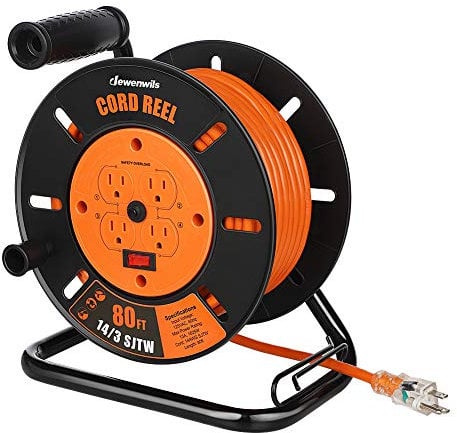 DEWENWILS Retractable Extension Cord Reel, 80FT Heavy Duty Open Cord Reel for Indoor Outdoor, 14/3 AWG SJTW, 4 Grounded Outlets, 13 Amp Circuit Breaker,Handle Rewind, Metal Stand, ETL Listed