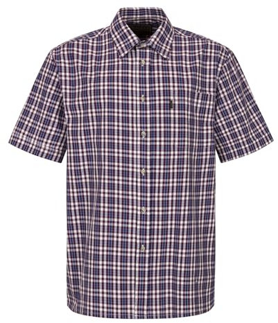 WALKER AND HAWKES - Men's Checkered Blue and Red 100% Cotton Short Sleeve Canterbury Country Shirt with Pocket Classic-Fit - Wine - X-Large (44'')