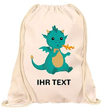 STEMPEL-FABRIK Turnbeutel Natur mit Aufdruck - Drache - Personalisiertes Geschenk - Stoffbeutel aus Baumwolle - Sportbeutel - Rucksack mit Tiermotiv - Jutebeutel- Kinderrucksack - Geschenkidee