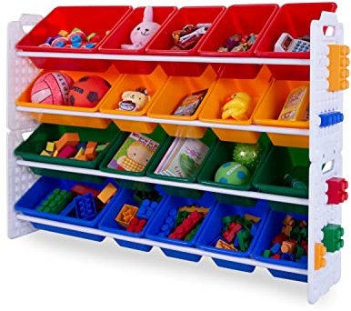 UNiPLAY Toy Organizer with 20 Removable Storage Bins, Multi-Bin Organizer for Books, Building Blocks, School Materials, Toys with Baseplate Board Frame (Primary)