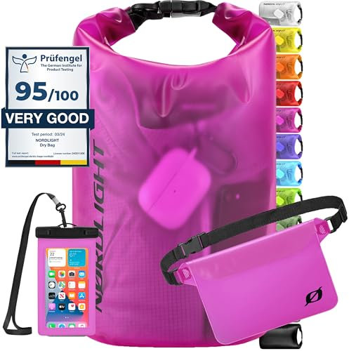 Nordlight wasserdichte Tasche 3er Set (Pink) - Dry Bag 10l + wasserdichte Handyhülle + wasserdichte Hüfttasche | IPX8 Schutz | Mit Verstellbaren Gurten Für Strand, Stand Up Paddling