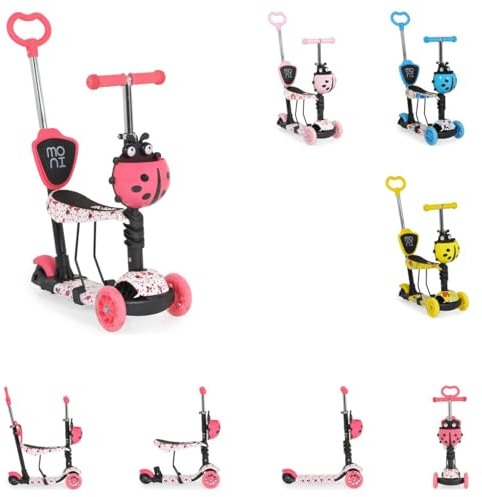Moni Kinderroller Lollipop 3 in 1 Schiebestange, Sitz, PU-Vorderräder mit LED rot