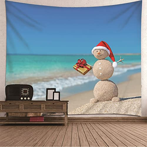 Aotiwe Wand Teppich Gothic, Wandteppich Schlafzimmer XXL Schneemann mit Hut Am Strand Blau Rot Polyester 260X240cm
