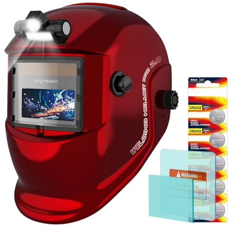 TRQWH Welding Helmet with Light True Color Auto Darkening Welding Helmets for Men Solar Powered Welding Hood with 2 Arc Sensor Wide Shade 4/9-13 for TIG MIG ARC Cool Welder Mask (red)