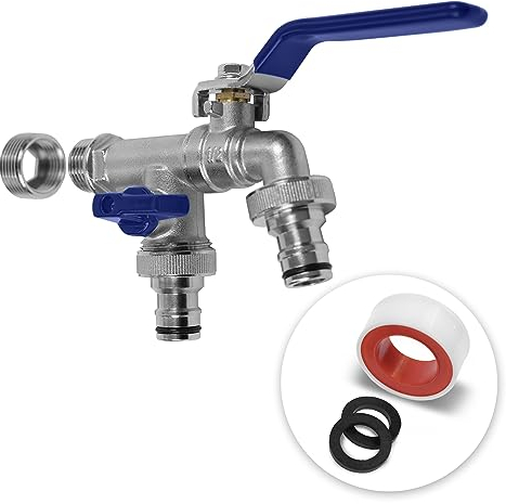 YourCasa Wasserhahn Garten 1/2 Zoll & 3/4 Zoll aus Messing inkl. 2 Schlauchanschlss & Dichtband - Kugelhahn Aussen Frostsicher - Auslaufhahn Regentonne Außenwasserhahn Auslaufventil (Doppel Blau)