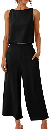 AMhomely 2-teiliges Outfit für Damen, ärmellos, Hosen-Sets für Damen, Baumwoll-Leinen-Sets für Damen, 2-teiliges Set mit weitem Bein, Marschweste, Top, Knopfleiste, elegante Damenhose, Anzüge mit