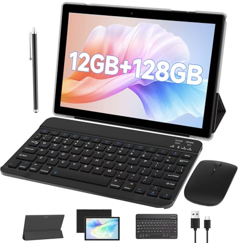 Android Tablet with Keyboard protect Case Mouse Stylus 10 Inch Tablet 2 in 1 Tablets Set 12GB+128GB/1TB Expandable Dual camera Tablets PC 10.1 HD Screen 6000mAh Battery 5G Wifi WiFi6 BT5.0 Tableta