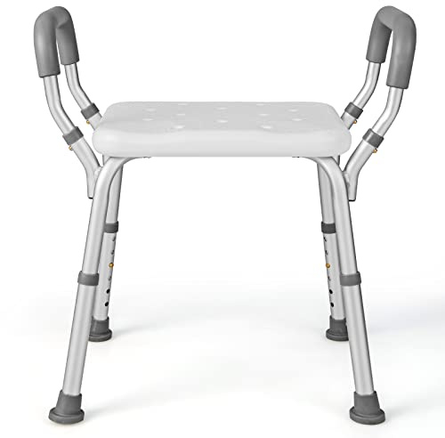 COSTWAY Sgabello Doccia Regolabile in 6 Altezza con Braccioli (Grigio) | Sedia da Bagno con Braccioli Imbottiti Staccabili, Piedini in Gomma Antiscivola, Portata 100 kg per Anziani