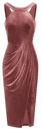 GRACE KARIN Robe Longue Femme Hiver en Velours Vintage Robe Moulante Mi-Longue de Soirée Cocktail Rose -5 XXL