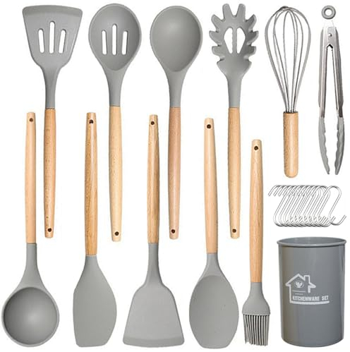 UXIYI Silicone Kitchen Utensils Set, 13Pcs Cooking Utensils Set, Silicone Utensils Set, Kitchen Accessories for Nonstick Utensil Set, Kitchen Tools & Gadgets,Light Grey