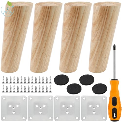 ELICNA 4 Stück Möbelfüße Holz Tischbeine 12cm Rund Möbelbeine Schrankfüße Sofafüße mit 4X Montageplatten und 28x Schrauben 1x Schraubendreher 4X Gummipads für Bett Tische Couch Stühle