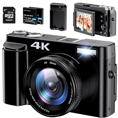 Appareil Photo Numérique 4K, Appareil Photo Compact 48MP 16X Digital Zoom à Écran Rabattable à 180° Avec Autofocus, Flash, Station de Charge, 2 Batteries, Carte 32 GB pour Débutants, Enfants, Vlogging