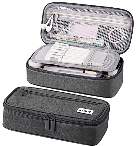WEMATE Large Pencil Case Aesthetic,Big Capacity Canvas Pencil Pouch with Zipper, Pencil Case for Women & Men, Marker Pen Case,Portable Stationery Pencil Bag for Office Grey