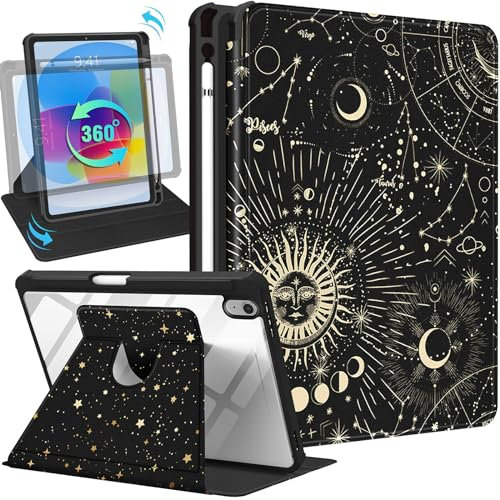 SurgeCraft for iPad 10th Generation Case 10.9 Inch 2022, 360 Degree Rotating Stand with Pencil Holder for Women Girls Cute Folio Cover Black Sun Cool for Apple iPad 10th Gen Cases