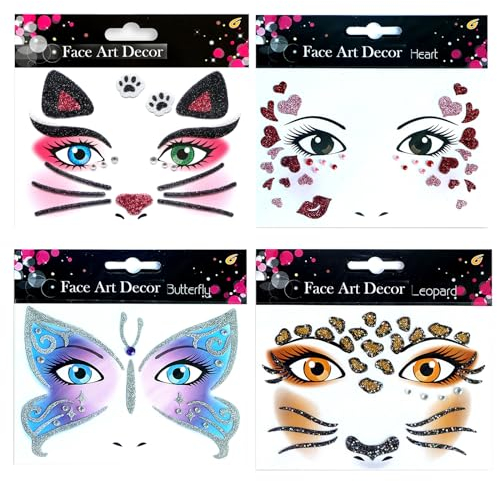 ALEGRE 4 Blätter Gesichtstattoo Karneval Herzen Face Art Sticker,Schmetterling Tattoo Gesicht,Katze Temporäres Face Tattoo,Leopard Gesichtstattoo Glitzer Gesicht Aufkleber für Motto Party,Fasching