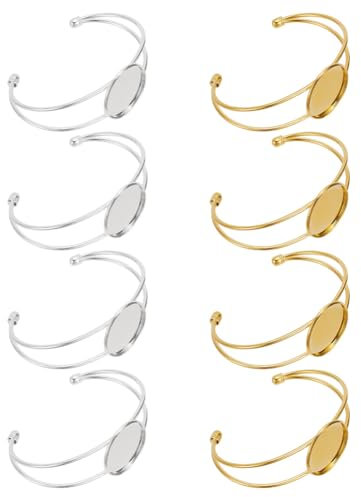 arricraft 8 Stück Lünette Blank Armband, 2 Farben Gold Und Silber, Verstellbare Leere Armreifbasis Mit Tablett, Runde Cabochon-Armbandfassung Zum Basteln von DIY-Armbändern, 25 mm