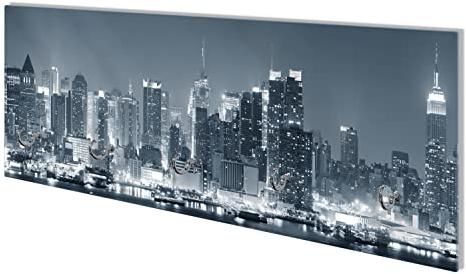Wallario Wandgarderobe aus Glas in Größe 80 x 30 cm mit Memoboard-Funktion, Motiv: New York Skyline - Schwarz Weiß Blau | 5 Kleiderhaken zum Aufhängen von Jacken