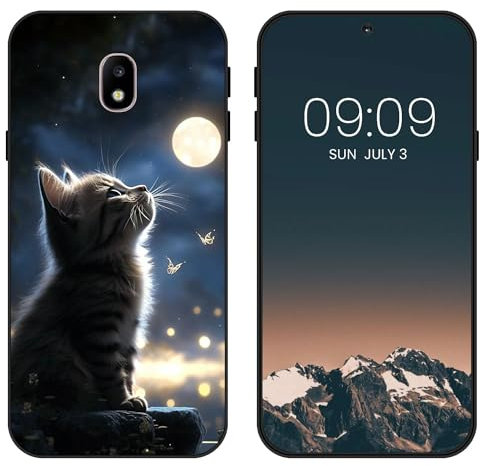 WUACYEAMING Noir Coque pour Samsung Galaxy J3 2017, Haute Qualité TPU Silicone Mince Souple Antichoc Bumper avec La Lune et Le Chat Motif Dessin Mat Case
