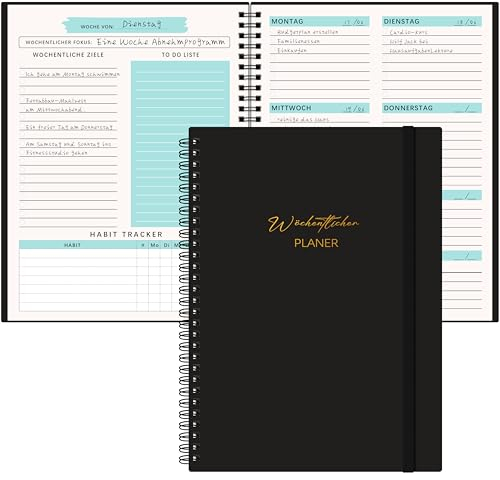 Qefuna Undatierter Wochenplaner,Terminplaner A5,wöchentlicher Terminkalender mit To-Do-Liste,PP Shell,104 Seiten 100 Gramm Papier,dem Hardcover -Ringordner,auf Deutsch(Schwarz)