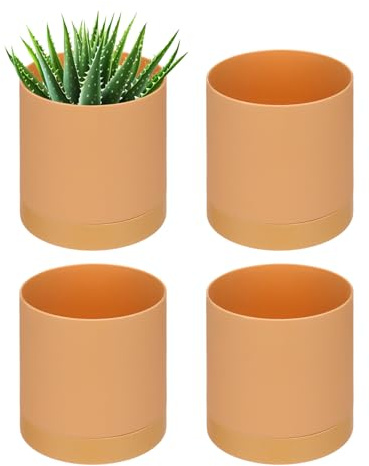 PATIKIL Lot de 4 petits pots de fleurs en plastique avec trous de drainage et soucoupe pour décoration d'intérieur et d'intérieur Orange 10 cm