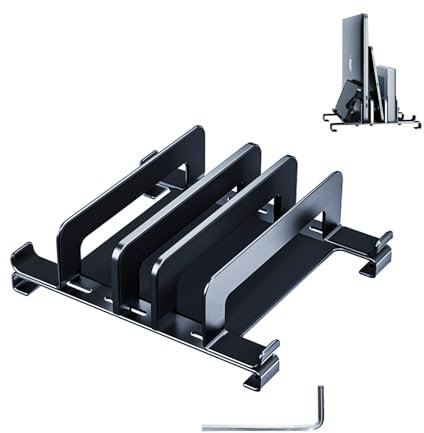 Qivine Aluminium Vertikaler Laptop Ständer, Platzsparend Laptopständer Verstellbare, 3 in 1 Laptop Halter Vertikal mit 3 Steckplatz für Notebook, Laptops, Tablets