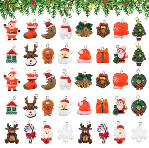 40pcs Small Resin Miniature Christmas Tree Ornaments Set - Santa Claus, Snowman, Angels, Tiny Hanging Decorations for Christmas Decoration Party Supplies