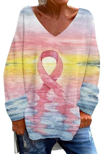 Tee Shirt Rose Femme Octobre Cancer du Sein Sensibilisation Ruban Rose Octobre Cadeau T-Shirt Pas Cher Chemisier Chic Et Elegant Manches Longues Tee-Shirt col Rond Femme Sweats