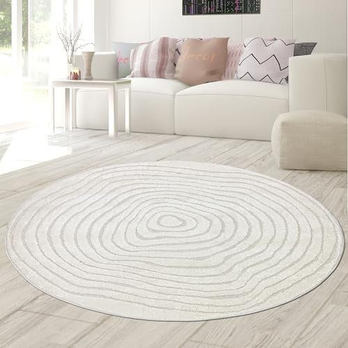 Teppich-Traum Teppich Wohnzimmerteppich Esstisch Tischunterlage Büro Arbeitszimmer Kreisförmig runder Baumstumpf Jahresringe Muster in beige, 120 cm Rund