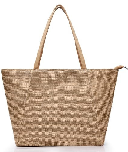 KALIDI Große Strohtasche Strandtasche mit Reißverschluss Marine Recycelter Kunststoff Strohähnliches Design Tragetasche für Sommerurlaub und Alltag, khaki, 26 in W x 13.8 in H x 7 in D