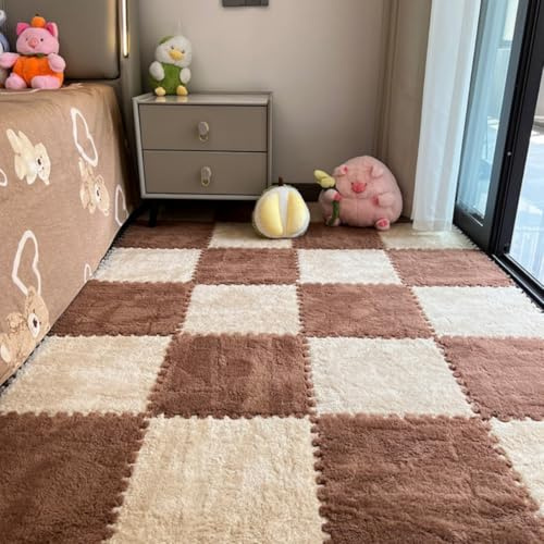 12 ineinandergreifende Teppichfliesen, 30,5 x 30,5 cm, ineinandergreifende Plüsch-Teppichfliesen mit Rand, flauschige Spielmatte, Bodenfliesen, dick gepolsterte Quadrate, Schaumstofffliesen für