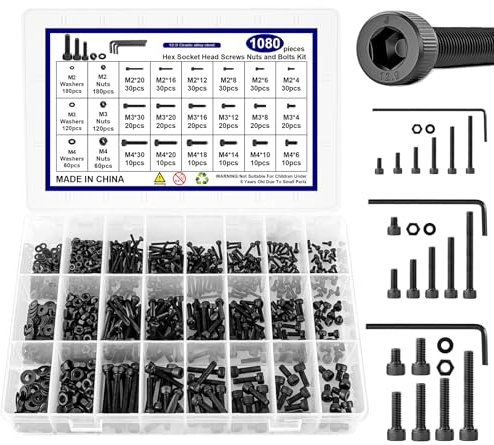 1080 Stück M2 M3 M4 Schrauben Set, Schrauben Muttern Set, Ausgestattet mit Schraubenschlüssel, aus Hochhartem Legiertem Stahl, Kann im Innen und Außenbereich Verwendet Werden Schraubenset