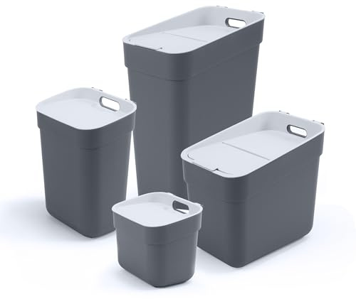 CURVER Ready to Collect Recycling Bin Bundle, 1 x 5L, 1 x 10L, 1 x 20L 1 x 30L, Dark Grey