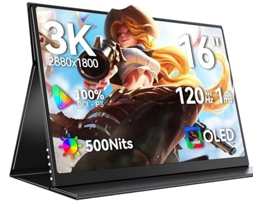 JQVDE Monitor portátil OLED 3K de 16 Pulgadas, 500 nits, 100% DCI-P3, 1 ms, 120 Hz, Pantalla for Juegos con HDMI, USB-C, Compatible con computadora portátil y PS4(US Plug)