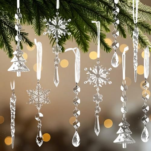20PCS Christmas Ornaments Set, Hanging Pendant Acrylic Crystal Snowflake Christmas Tree Decorations for Winter New Year Party Supplies