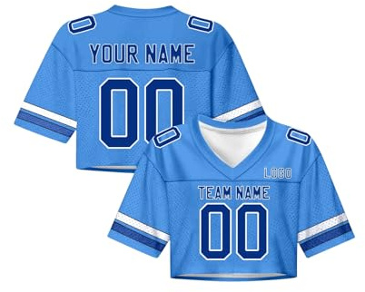 Zhyyanp Personalized Football Jersey Crop Tops for Women Girls Plain Colored Streetwear Custom Jersey with Name Number S~4XL (Blue)