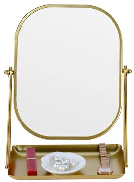 Tstarer 360 Degrees Rotating Metal Makeup Mirror with Storage (Gold) | Vanity Mirror for Desk, Bathroom, Bedroom, Dressing Table