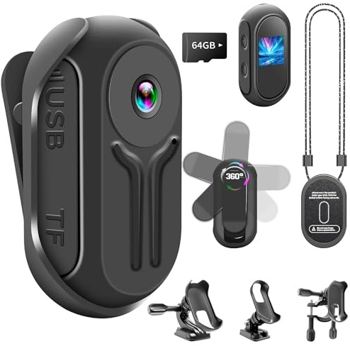 NNYYMH 1080P Mini Caméra Corporelle avec Carte de 64Go, Caméras Sportives Action, Mini Camera Sport Main-Libre avec Clip Magnétique Arrière, Mini Caméra POV pour Cyclisme, Vlogging et Voyages